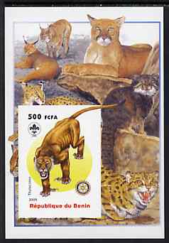 Benin 2005 Dinosaurs #09 - Thylacoleo imperf m/sheet with Scout & Rotary Logos, background shows various Big Cats unmounted mint