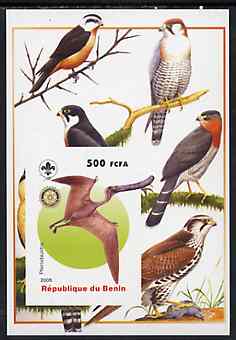 Benin 2005 Dinosaurs #10 - Pterodaustro imperf m/sheet with Scout & Rotary Logos, background shows various Birds of Prey unmounted mint