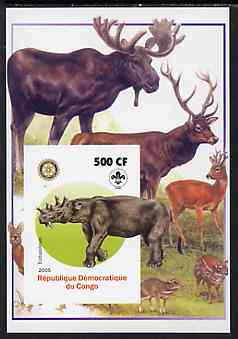 Congo 2005 Dinosaurs #03 - Eobasileus imperf m/sheet with Scout & Rotary Logos, background shows various Deer unmounted mint