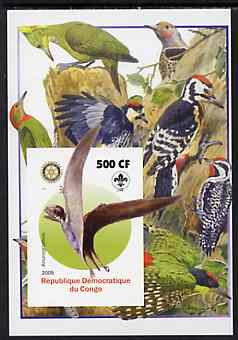 Congo 2005 Dinosaurs #05 - Anurognathus imperf m/sheet with Scout & Rotary Logos, background shows various Woodpeckers unmounted mint