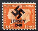 Jersey 1940 Swastika opt on GB GB Great Britain KG6 Centenary 2d produced during the German Occupation but unissued due to local feelings. This is a copy of the overprint on a genuine stamp with forgery handstamped on the back, on presentation card.