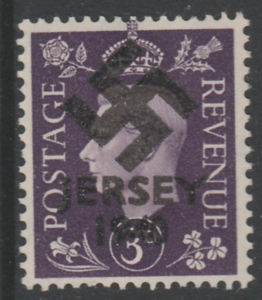 Jersey 1940 Swastika opt on GB GB Great Britain KG6 3d violet produced during the German Occupation but unissued due to local feelings. This is a copy of the overprint on a genuine stamp with forgery handstamped on the back, unmou……Details Below
