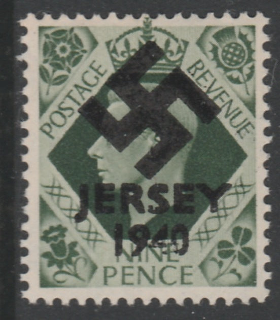 Jersey 1940 Swastika opt on GB GB Great Britain KG6 9d deep olive-green produced during the German Occupation but unissued due to local feelings. This is a copy of the overprint on a genuine stamp with forgery handstamped on the b……Details Below