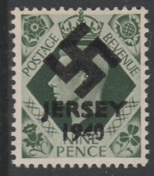 Jersey 1940 Swastika opt on GB GB Great Britain KG6 9d deep olive-green produced during the German Occupation but unissued due to local feelings. This is a copy of the overprint on a genuine stamp with forgery handstamped on the b……Details Below
