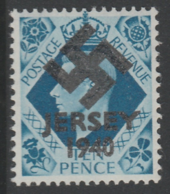 Jersey 1940 Swastika opt on GB GB Great Britain KG6 10d turquoise-blue produced during the German Occupation but unissued due to local feelings. This is a copy of the overprint on a genuine stamp with forgery handstamped on the ba……Details Below