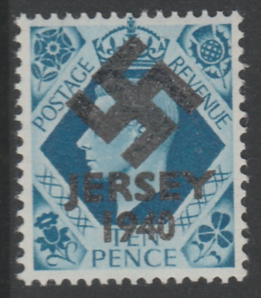 Jersey 1940 Swastika opt on GB GB Great Britain KG6 10d turquoise-blue produced during the German Occupation but unissued due to local feelings. This is a copy of the overprint on a genuine stamp with forgery handstamped on the ba……Details Below