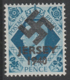 Jersey 1940 Swastika opt on GB GB Great Britain KG6 10d turquoise-blue produced during the German Occupation but unissued due to local feelings. This is a copy of the overprint on a genuine stamp with forgery handstamped on the ba……Details Below