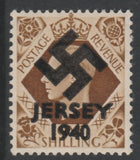 Jersey 1940 Swastika opt on GB GB Great Britain KG6 1s bistre-brown produced during the German Occupation but unissued due to local feelings. This is a copy of the overprint on a genuine stamp with forgery handstamped on the back,……Details Below