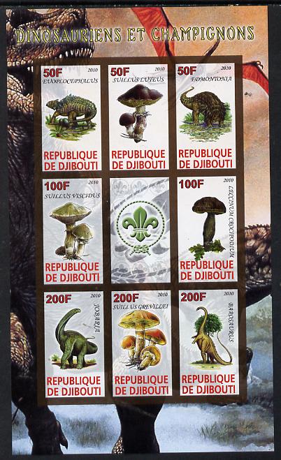 Djibouti 2010 Dinosaurs & Mushrooms #1 imperf sheetlet containing 8 values plus label with Scout logo unmounted mint