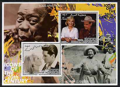 Somalia 2001 Icons of the 20th Century #12 - Elvis & Marilyn perf sheetlet containing 2 values with Louis Armstrong & Queen Mother in background unmounted mint