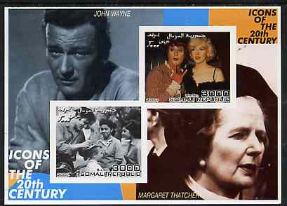 Somalia 2001 Icons of the 20th Century #13 - Diana & Walt Disney imperf sheetlet containing 2 values with John Wayne & Margaret Thatcher in background unmounted mint