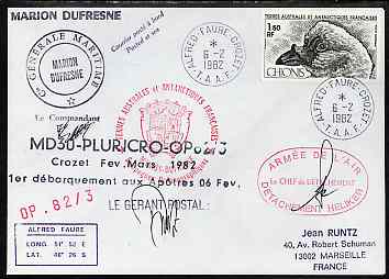 French Southern & Antarctic Territories 1982 cover bearing Sheathbill stamp (SG 162) with Alfred Faure Crozet cancel, cachets incl Posted at Sea, Compagnie Generale Maritime & Marion Dufresne, signed by the Captain, the Postmaster & Air Detachment Leader