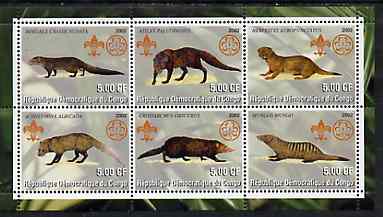 Congo 2002 Mongooses perf sheetlet containing set of 6 values, each with Scouts & Guides Logos unmounted mint