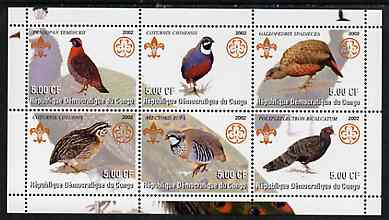 Congo 2002 Game Birds perf sheetlet containing set of 6 values, each with Scouts & Guides Logos unmounted mint