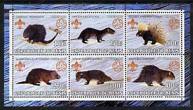 Benin 2002 Porcupines perf sheetlet containing set of 6 values, each with Scouts & Guides Logos unmounted mint