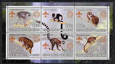 Benin 2002 Lemurs perf sheetlet containing set of 6 values, each with Scouts & Guides Logos unmounted mint