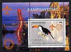 Congo 2002 Toucans perf s/sheet containing single value with Scouts & Guides Logos plus Rotary Logo & Insect in outer margin, unmounted mint
