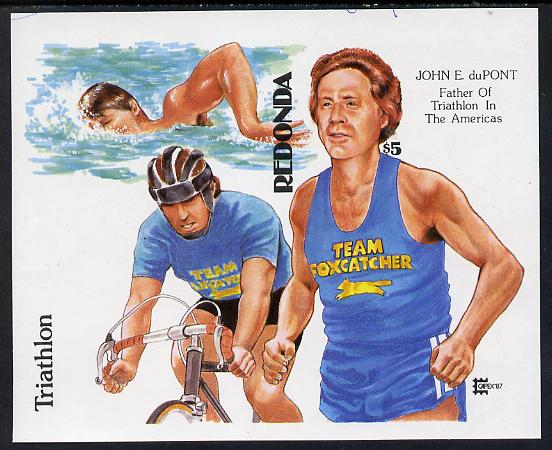 Antigua - Redonda 1987 Capex $5 m/sheet (unissued) showing Triathlete John duPont Running, Swimming & Cycling imperf from Format archive proof sheet unmounted mint