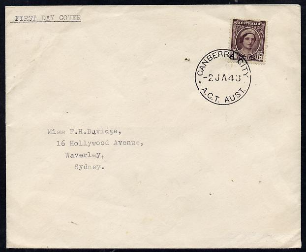 Australia 1943 KG6 1d brown-purple on plain typed addressed cover with clear first day cancel (SG203) stamp has been applied over the cancel and is almost certainly a maunfactured (forged) cover