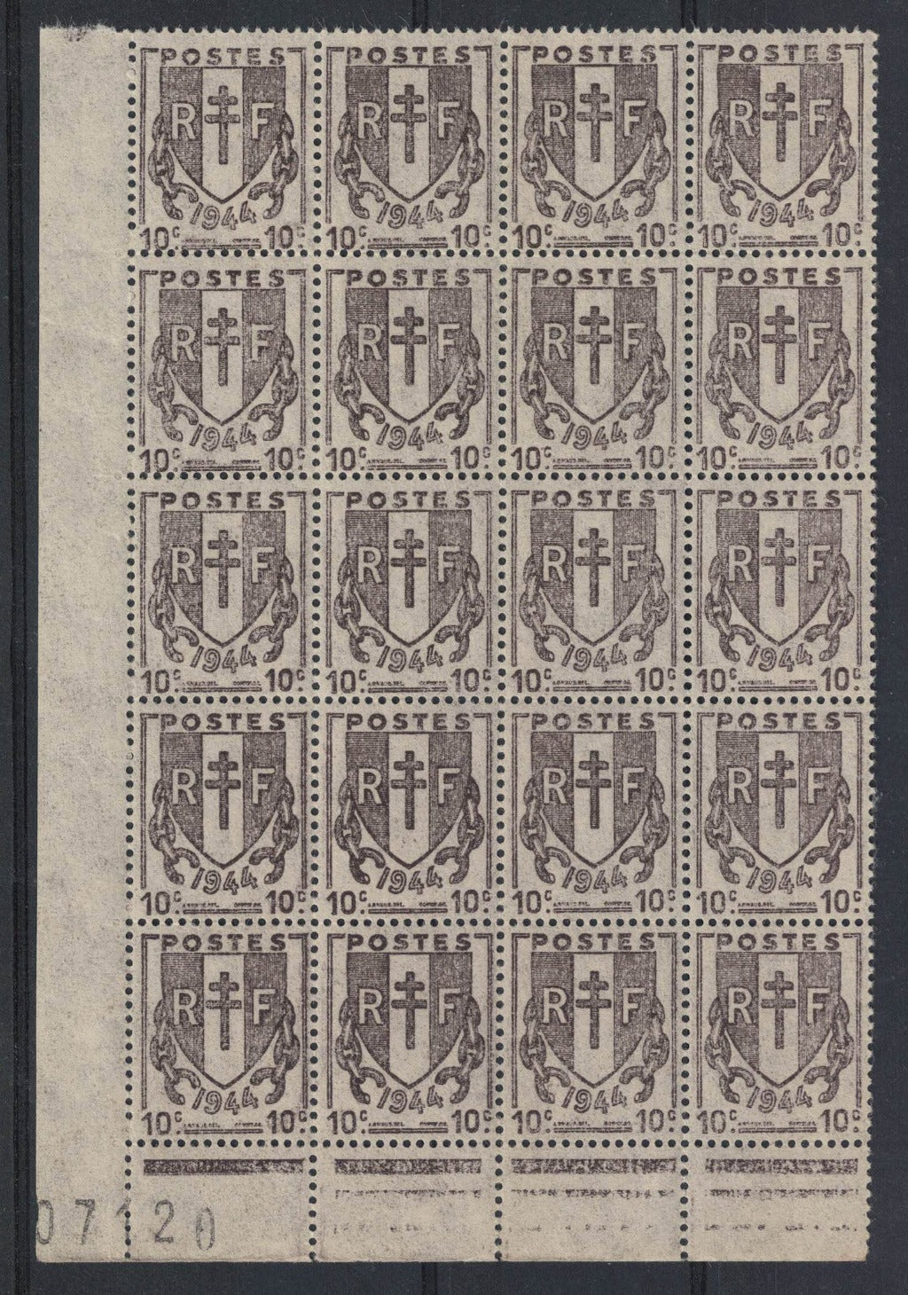 1944/5 France Liberation SG902 10c Brown Unmounted Mint Block of 20