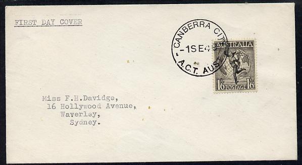 Australia 1949 Hermes 1s6d on plain typed addressed cover with clear first day cancel (SG223a) stamp has been applied over the cancel and is almost certainly a manufactured (forged) cover