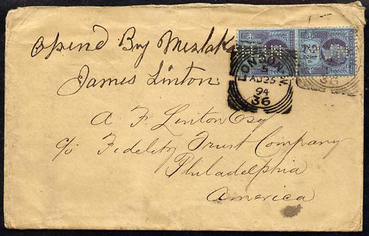 GB Great Britain 1894 cover to USA bearing pair Jubilee 2.5d each with HJN perfin.....