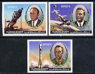 Ajman 1971 Soyuz 11 imperf set of 3 unmounted mint, Mi 1264-66B
