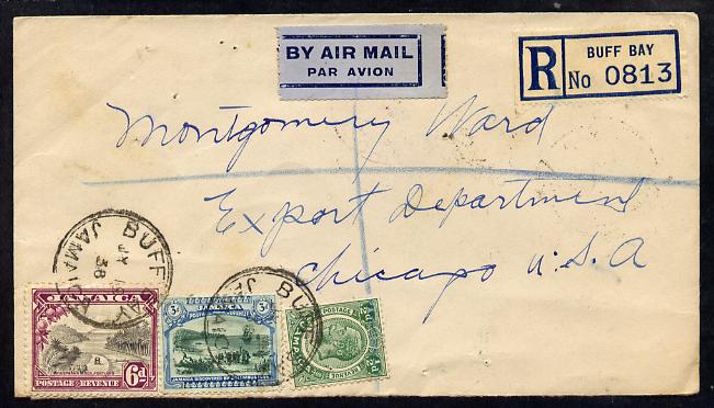Jamaica 1938 Registered cover to USA cancelled Buff bay, b/stamped Chicago