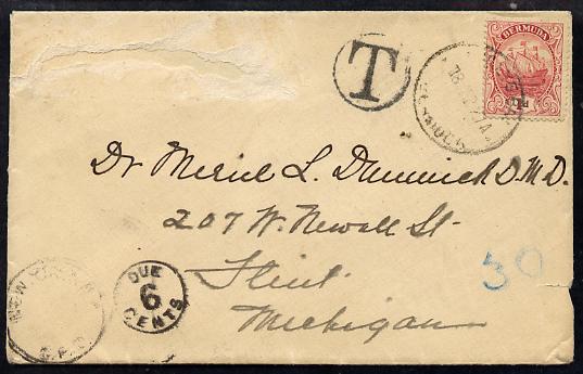 Bermuda 1927 underpaid cover to USA bearing Caravelle 1d with T in circle & 6 Cents .......