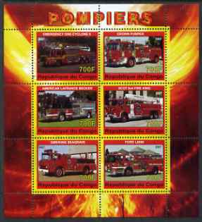 Congo 2007 Fire Engines #2 perf sheetlet containing 6 values unmounted mint