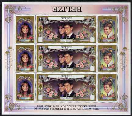 Belize 1986 Royal Wedding perf sheetlet containing 9 values (3 sets of 3) with black printing inverted (country, inscription and value) unmounted mint and most unusual, as SG 941