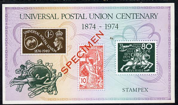 Exhibition souvenir sheet for 1974 Stampex commemorating the UPU Centenary and,showing UPU designs, overprinted SPECIMEN unmounted mint