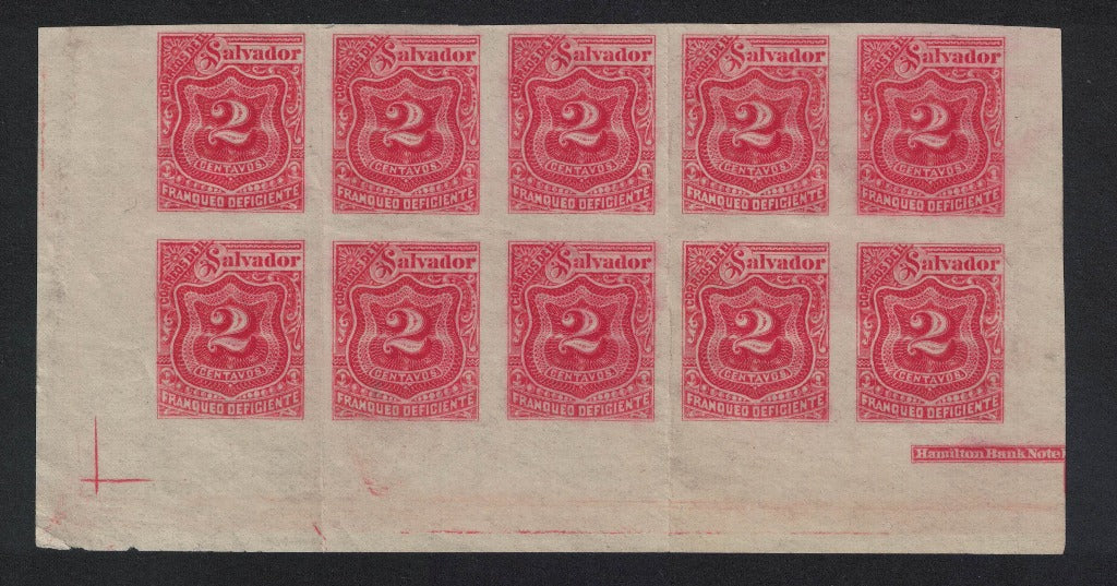 1896 El Salvador SGD151 2c Red Postage Due Imperf block of 10 Unmounted