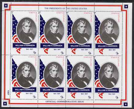 Staffa 1982 Presidents of the United States #09 William H Harrison perf sheetlet containing 8 x 9p values unmounted mint