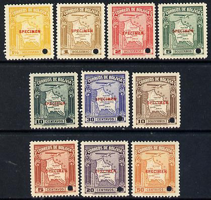 Bolivia 1935 Maps 'Air' set of 10 each with security punch hole and overprinted SPECIMEN (unmounted mint ex ABNCo archives) SG 298-307