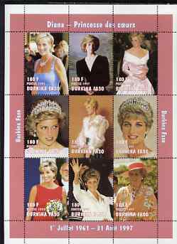 Burkina Faso 1997 Princess Diana #1 perf sheetlet containing 9 values (various portraits) unmounted mint