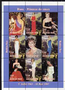 Burkina Faso 1997 Princess Diana #2 perf sheetlet containing 9 values (various portraits) unmounted mint
