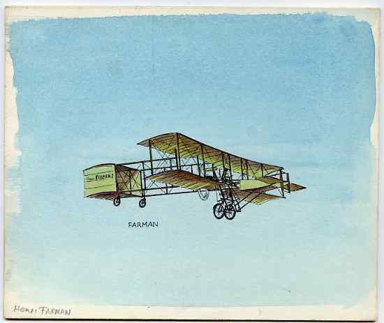 Eynhallow 1982 Early Aircraft #1 (Farman) original artwork by R A Sherrington of of the B L Kearley Studio, watercolour on board 175 x 150 mm plus imperf deluxe sheet (£2 value) as issued