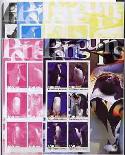 Benin 2003 Penguins large sheetlet containing set of 6 values - the set of 5 imperf progressive proofs comprising the 4 individual colours plus all 4-colour composite, unmounted mint 
