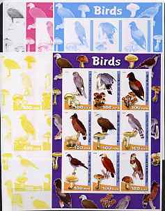 Benin 2003 Birds & Fungi large sheetlet containing set of 9 values - the set of 5 imperf progressive proofs comprising the 4 individual colours plus all 4-colour composite, unmounted mint 
