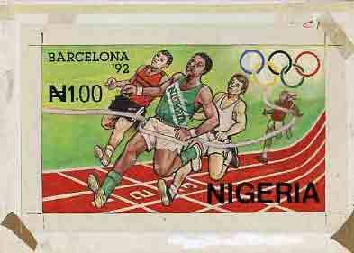Nigeria 1992 Barcelona Olympic Games (1st issue) - original hand-painted artwork for N1 value (Running) by Godrick N Osuji as issued on card 8.5"x5" endorsed C1