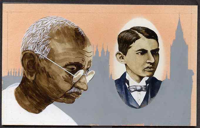 Chad 2009 Mahatma Gandhi original hand-painted artwork for 500F value showing portrait of Gandhi plus him as a Law Student in 1888, on board 7 x 4.5 inches without overlay 