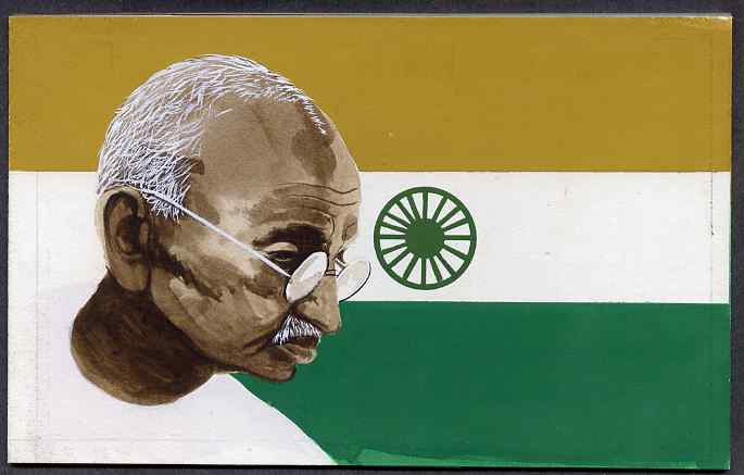 Chad 2009 Mahatma Gandhi original hand-painted artwork for 500F value showing portrait of Gandhi plus Independence Flag of India, on board 7 x 4.5 inches without overlay 