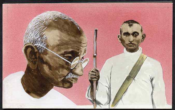 Chad 2009 Mahatma Gandhi original hand-painted artwork for 500F value showing portrait of Gandhi plus him as a Satyagraha in 1906, on board 7 x 4.5 inches without overlay 