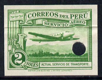 Peru 1937 Pictorial 2 sol (Mail Plane) imperf colour proof in green with Waterlow & Sons. More....