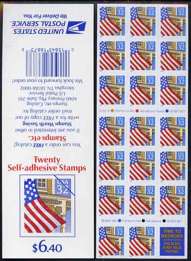 Booklet - United States 1995 Flag over Porch $6.40 booklet of 20 x 32c self-adhsive plus one label (Stamps etc on back cover) pristine, SG SB 204a