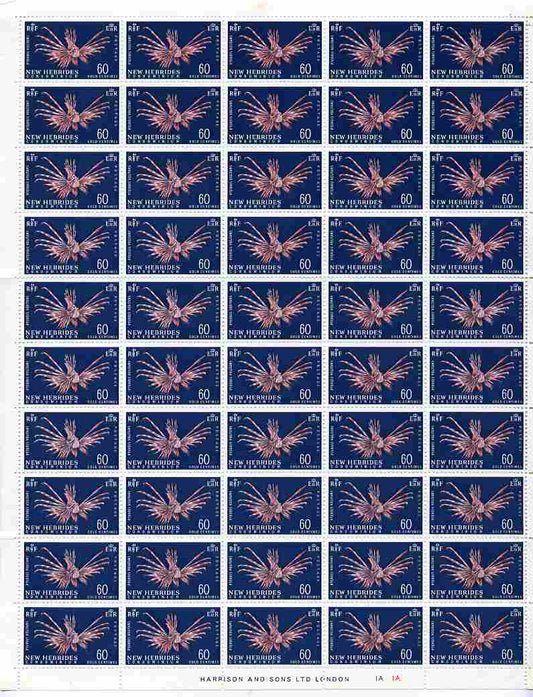 New Hebrides - English 1967 Lionfish 60c new value definitive complete folded sheet of 50 unmounted mint, SG 129