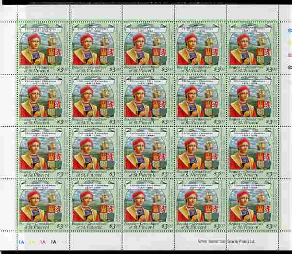 St Vincent - Bequia 1988 Explorers $3.00 (Christopher Columbus & Arms) complete perf sheet of 20 unmounted mint*. 