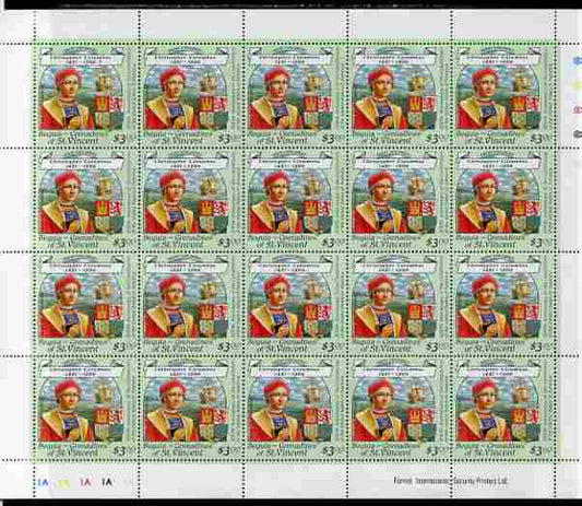 St Vincent - Bequia 1988 Explorers $3.00 (Christopher Columbus & Arms) complete perf sheet of 20 unmounted mint*. 