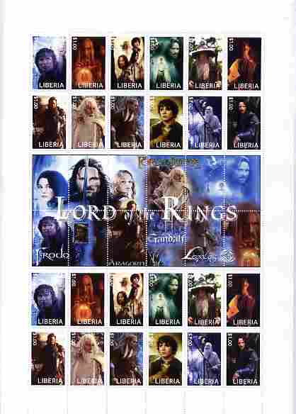 Liberia 2010 Lord of the Rings large perf sheet containing 24 stamps (2 sets of 12) plus central label. 